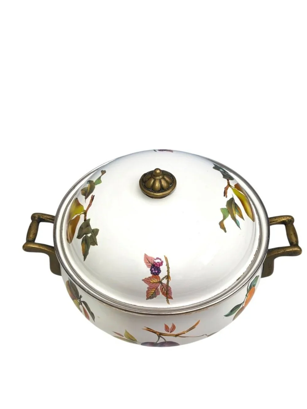 Vintage Enamel Fruit Motif Casserole Dish With Lid & Brass Handles